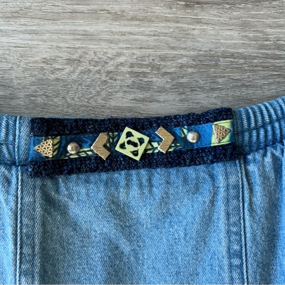 Vintage Traditional Tribal A Line Flowy Denim Midi Skirt - Picture 2 of 12